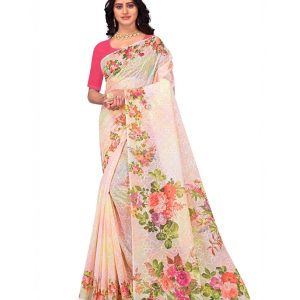 White Embroidered Hand Painted Saree with Blouse