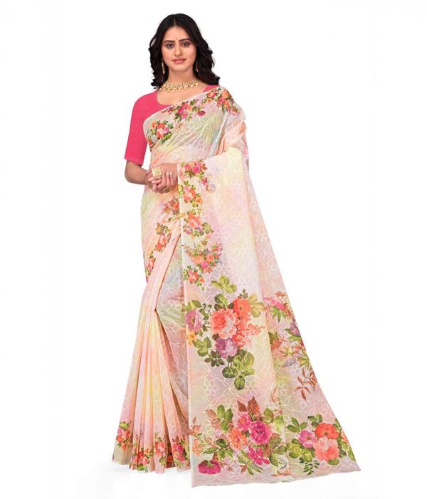 White Embroidered Hand Painted Saree with Blouse