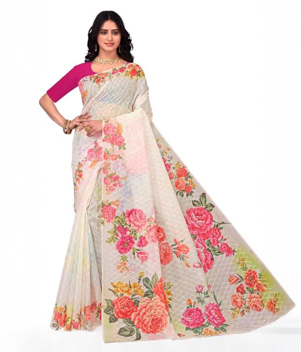 White Embroidered Hand Painted Saree with Blouse