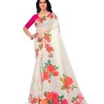 White Embroidered Hand Painted Saree with Blouse