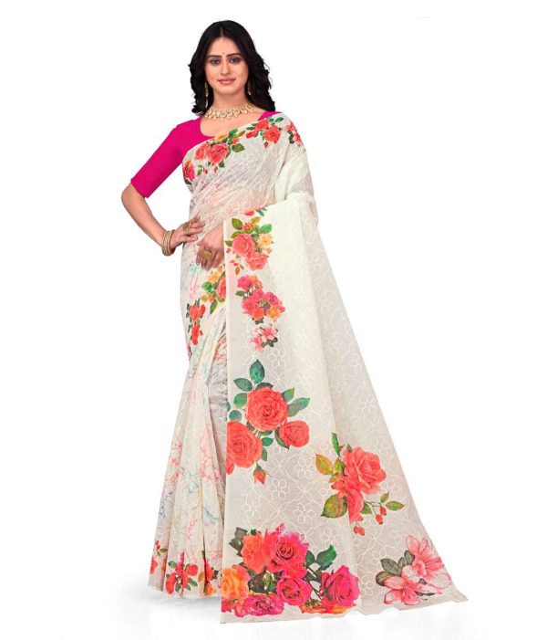 White Embroidered Hand Painted Saree with Blouse
