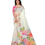 White Embroidered Hand Painted Saree with Blouse