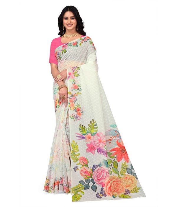White Embroidered Hand Painted Saree with Blouse