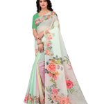 White Embroidered Hand Painted Saree with Blouse