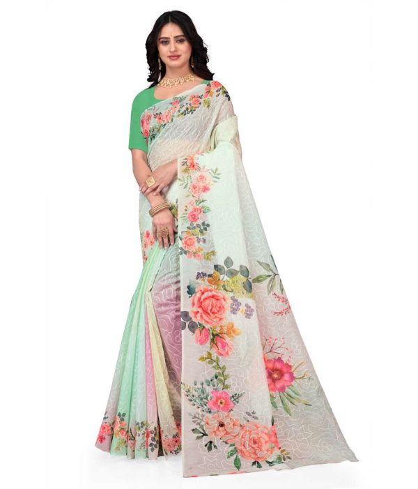 White Embroidered Hand Painted Saree with Blouse