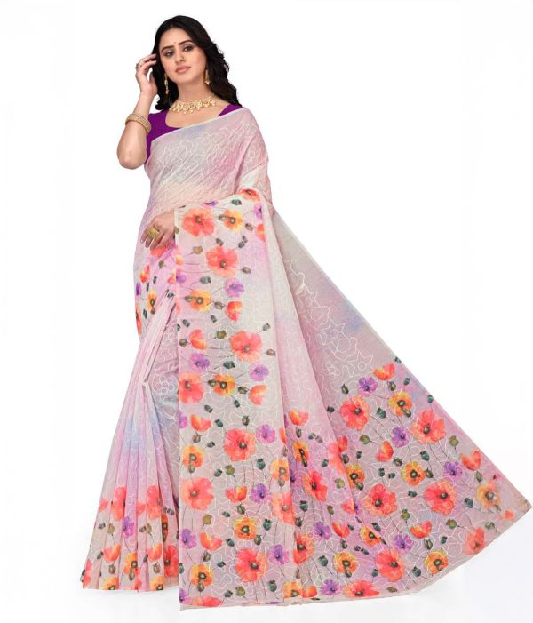 White Embroidered Hand Painted Saree with Blouse