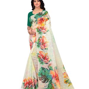 White Embroidered Hand Painted Saree with Blouse