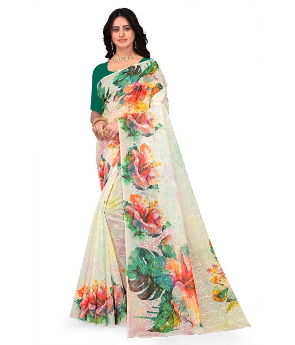 White Embroidered Hand Painted Saree with Blouse